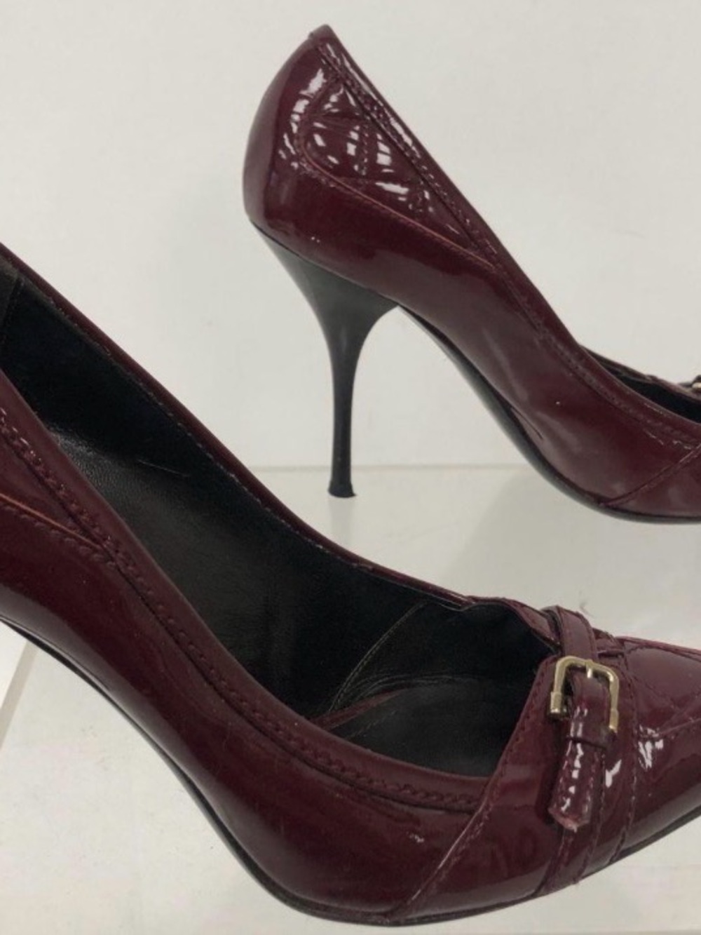 High End Designer Burberry Deep Burgundy Patent Leather Stiletto Pumps